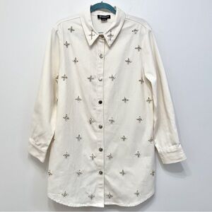 Anthropologie Rdalamal Off White Denim Embellished Shirt Dress Women Size Small